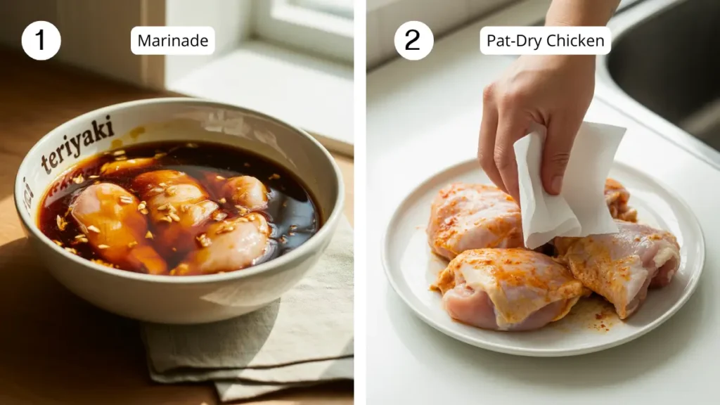 Split image showing Step 1—raw chicken thighs soaking in teriyaki marinade—and Step 2—hand pat‑drying seasoned chicken on a plate before cooking.