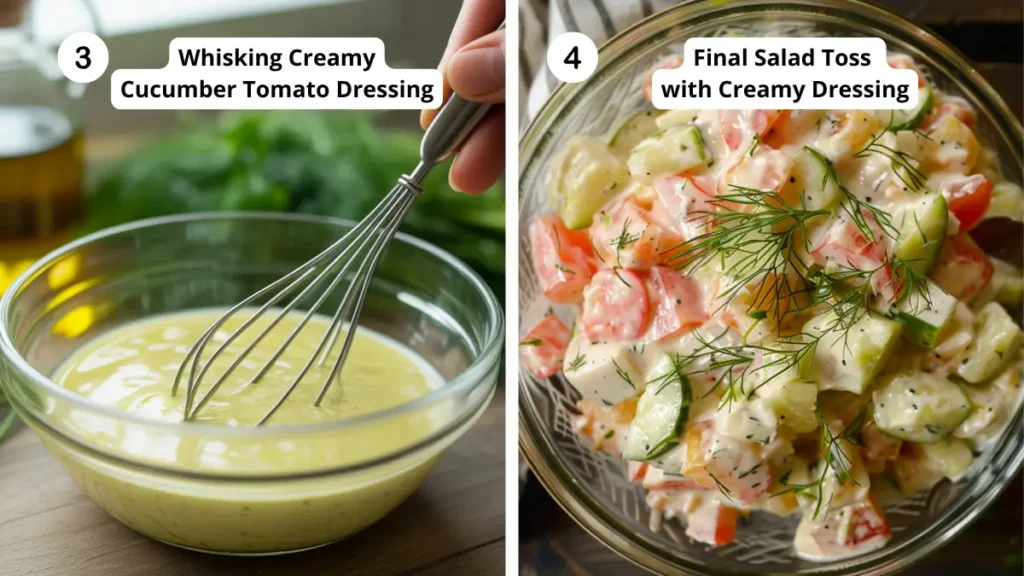 Two-step process showing creamy cucumber tomato dressing being whisked in a bowl and the final salad mixed with dill garnish