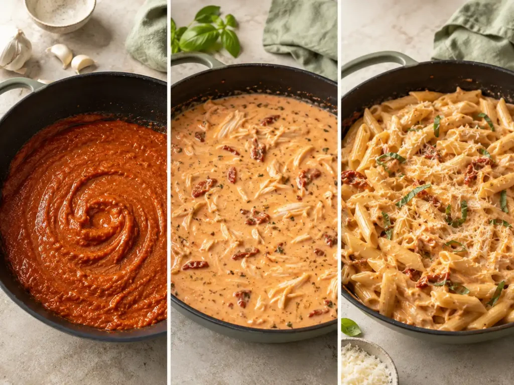 Three stages of making Marry Me Chicken Pasta: preparing the sauce, adding cream and chicken, and tossing in pasta.
