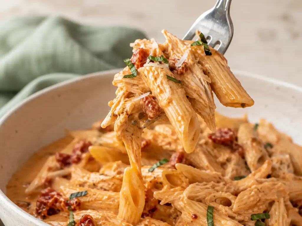 Close-up of Marry Me Chicken Pasta with creamy sauce clinging to pasta and shredded chicken on a fork.