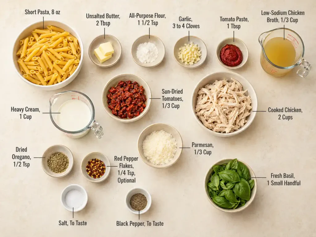 Labeled overhead ingredients for Marry Me Chicken Pasta, including short pasta, cooked chicken, cream, tomatoes, Parmesan, and seasonings.