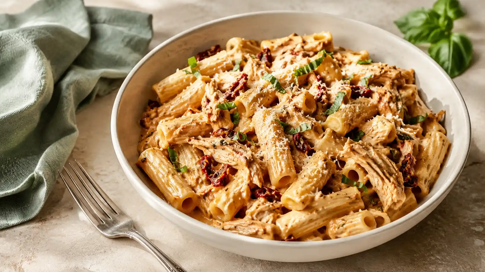 Creamy Marry Me Chicken Pasta with shredded chicken, sun-dried tomatoes, Parmesan, and basil in a cream bowl.