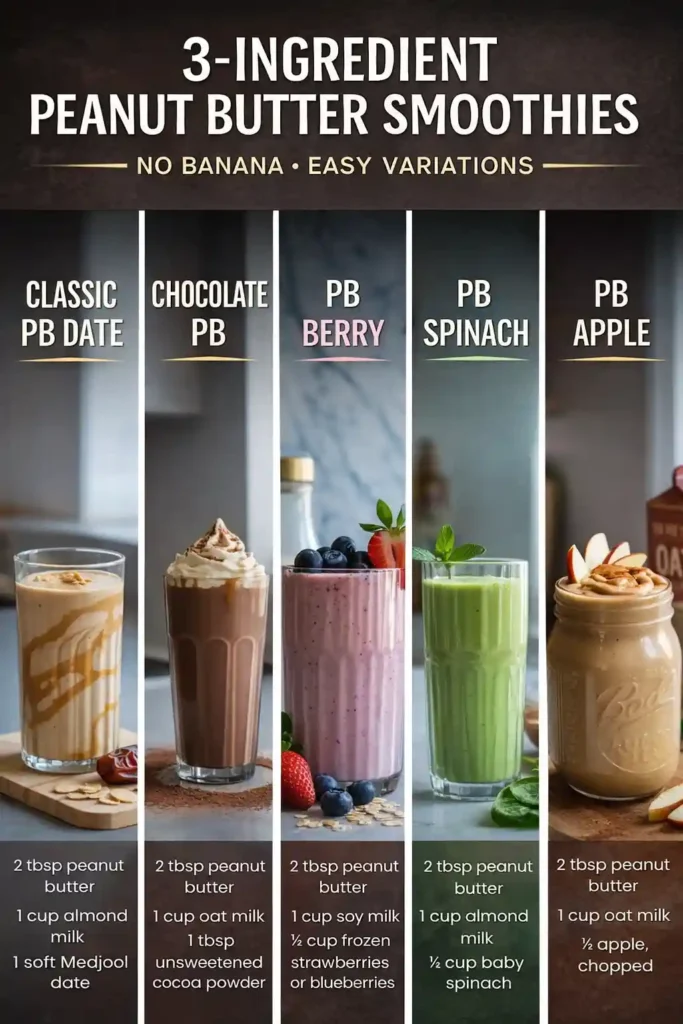 Five glasses of peanut butter smoothies in different flavors: classic, chocolate, berry, green, and apple, each labeled with ingredients and banana-free