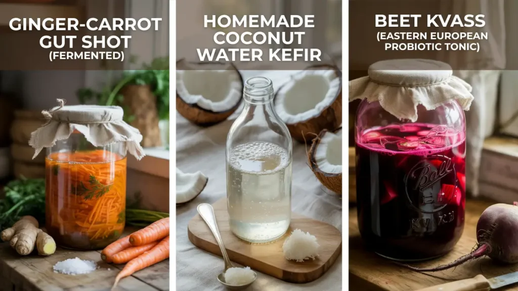 Three DIY probiotic drinks: ginger-carrot gut shot, homemade coconut water kefir, and beet kvass, each shown in a fermentation jar on a rustic kitchen table with natural ingredients