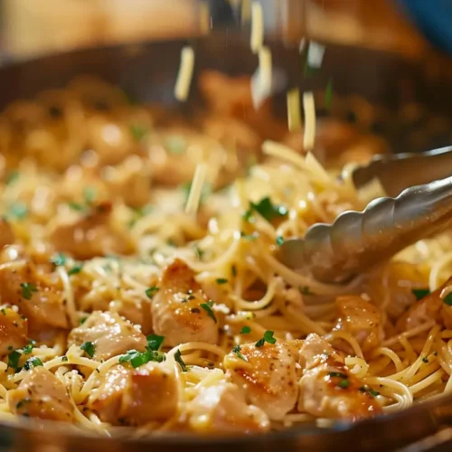 Tossing chicken and pasta together in skillet.