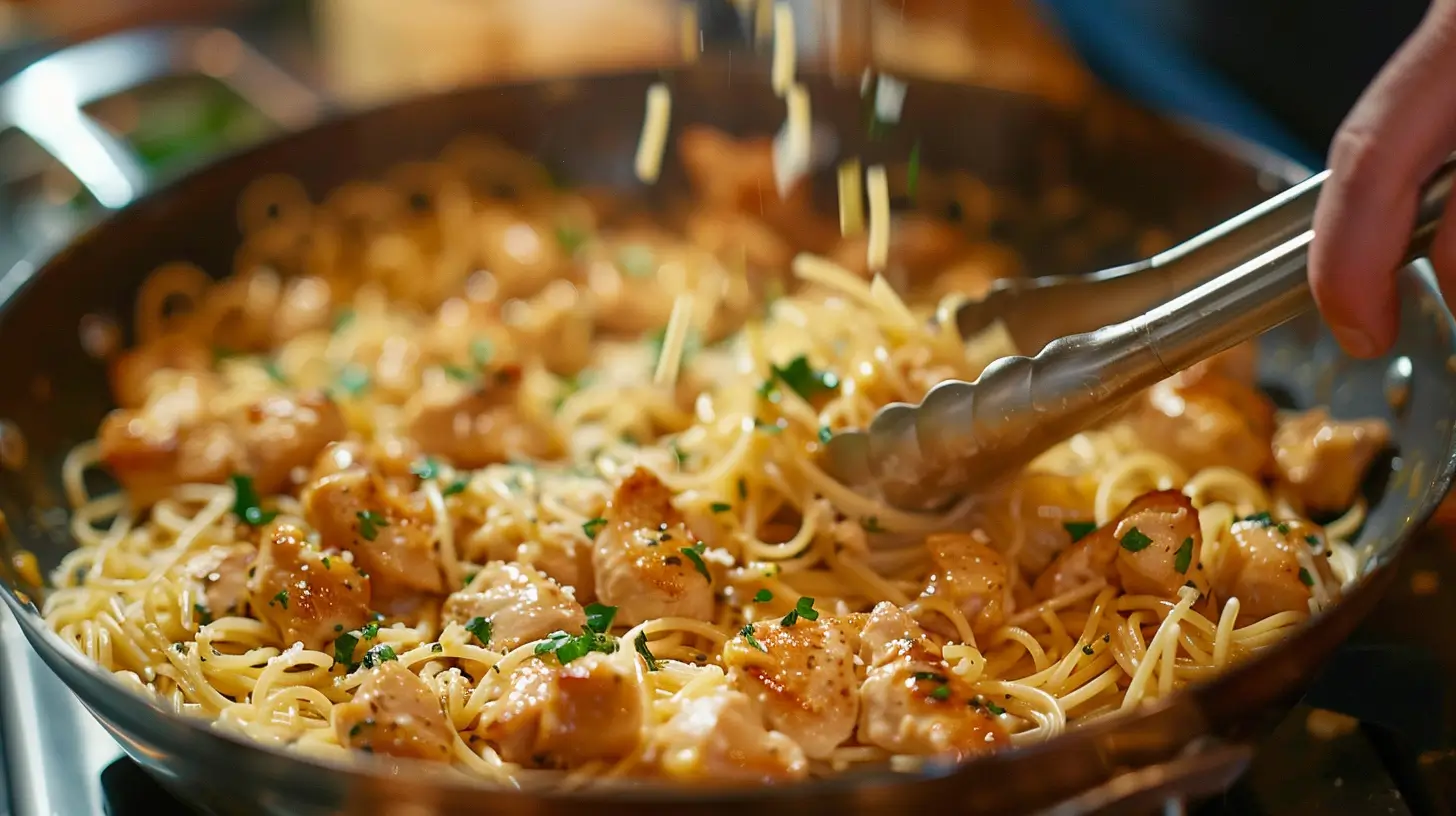 Tossing chicken and pasta together in skillet.