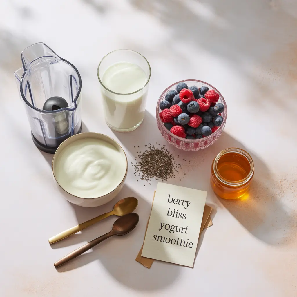 Flat lay of yogurt smoothie ingredients with berries, milk, honey, chia seeds, and blender