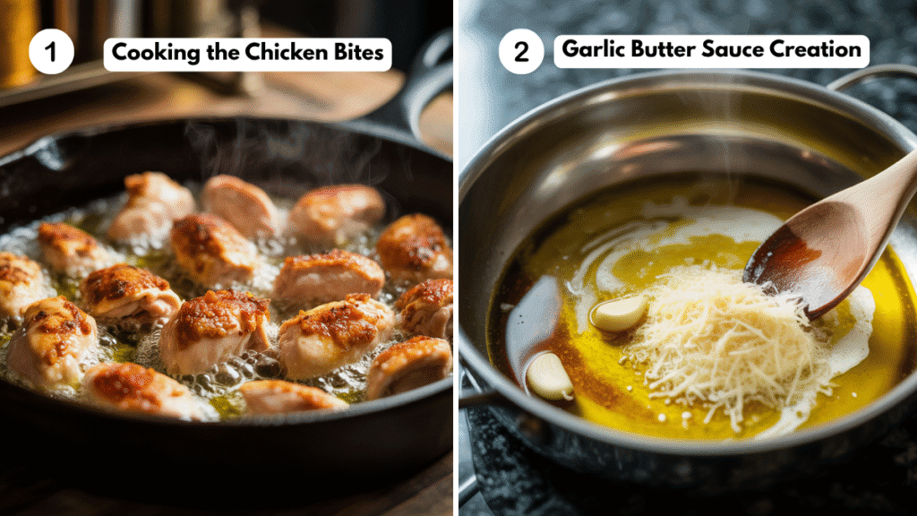 Chicken bites sizzling in garlic butter. and Garlic butter cream sauce in the making.
