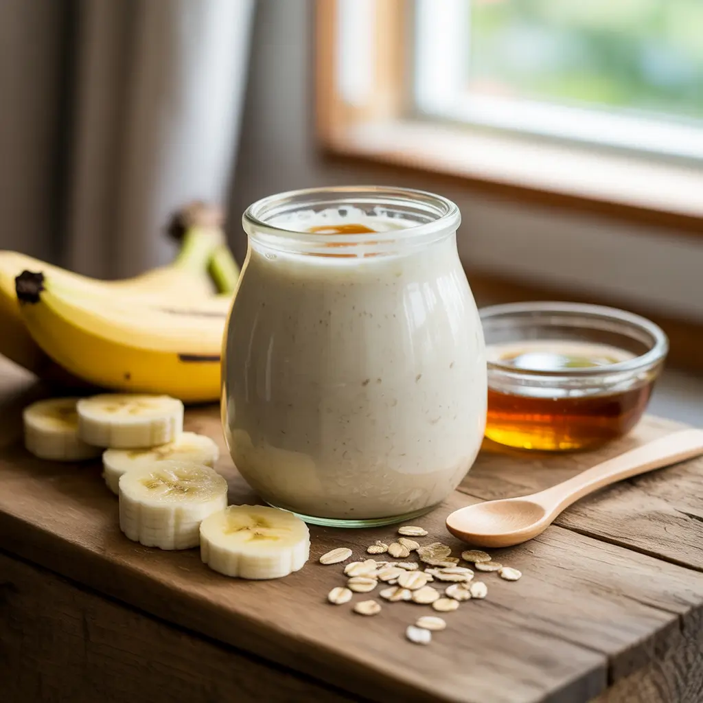 Homemade banana yogurt drink in glass jar with sliced banana, oats, and honey