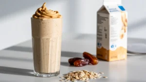 Peanut butter smoothie in a glass on a wooden table with oats, dates, and almond milk