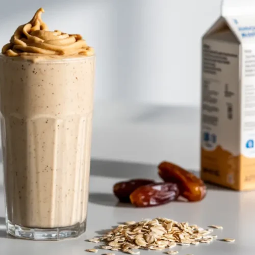 Peanut butter smoothie in a glass on a wooden table with oats, dates, and almond milk