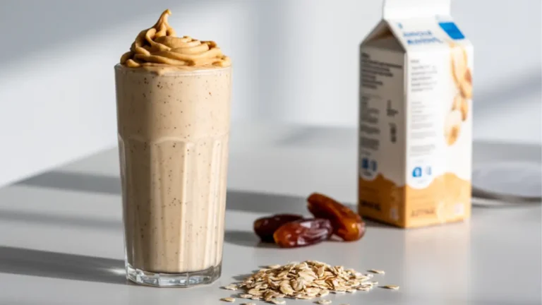 Peanut butter smoothie in a glass on a wooden table with oats, dates, and almond milk