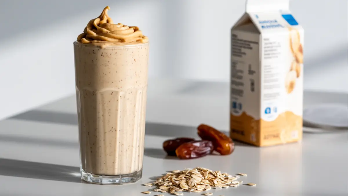 Peanut butter smoothie in a glass on a wooden table with oats, dates, and almond milk