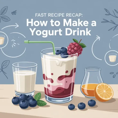 Infographic with steps and ingredients for making a healthy homemade yogurt drink using plain yogurt, milk, and optional fruit