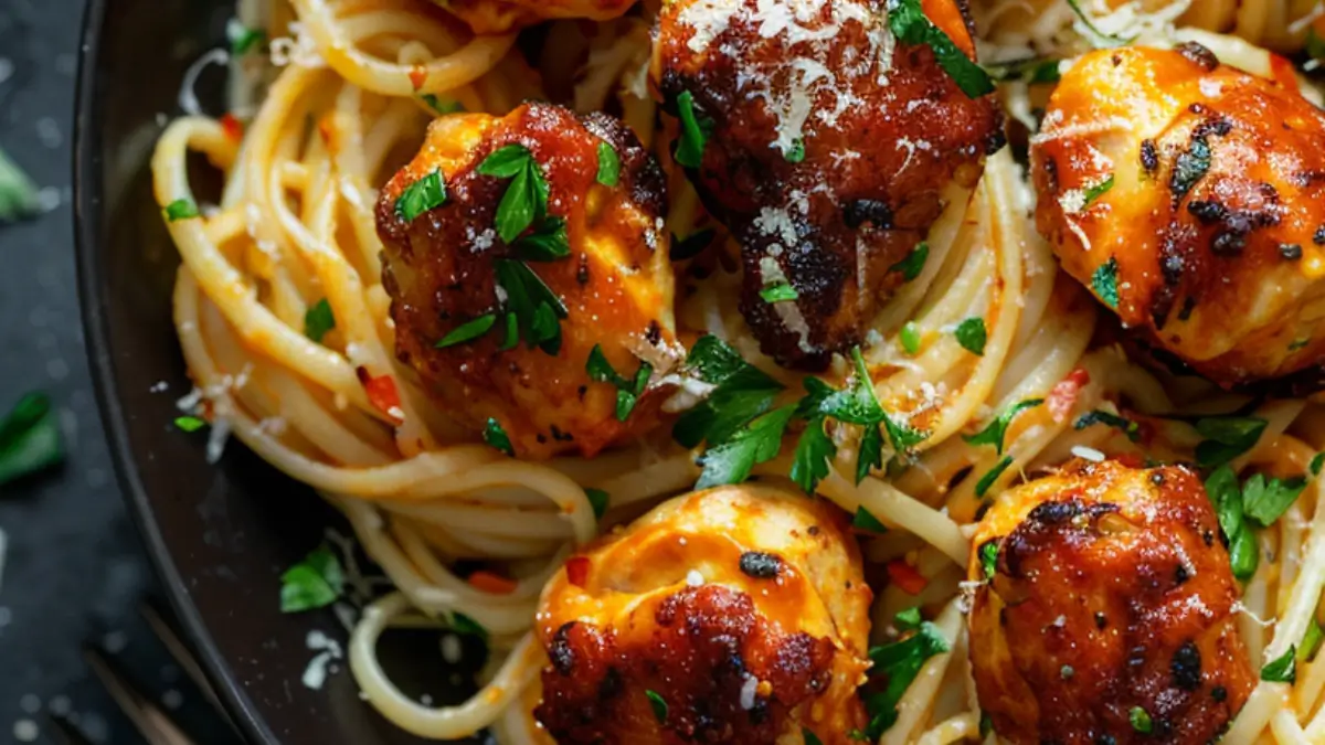 Top-down view of a creamy garlic butter chicken pasta in a skillet, garnished with herbs and surrounded by kitchen tools.