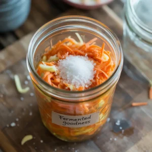 Homemade ginger-carrot probiotic drink in a glass jar with salt and water, ready to ferment