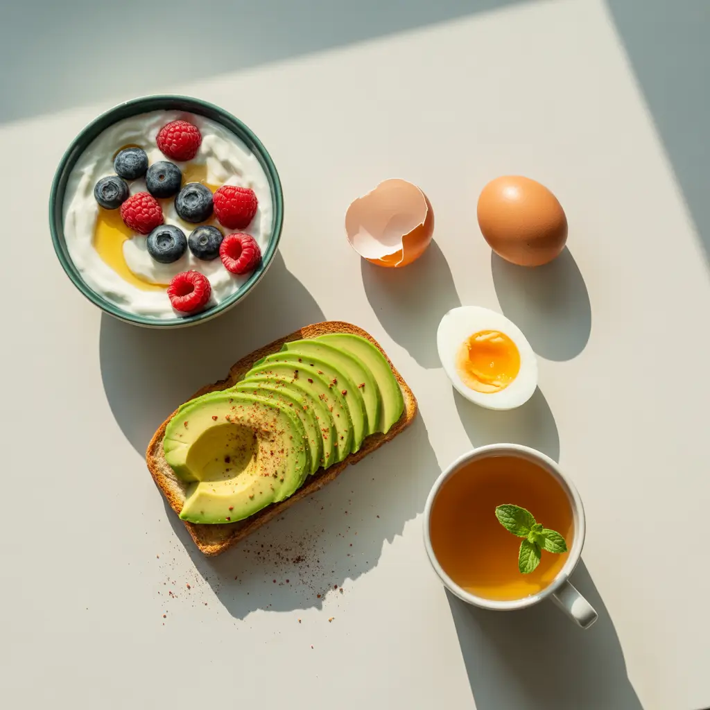 Healthy Breakfast Flat Lay Flat lay of healthy home breakfast with avocado toast, berries, eggs, and yogurt bowl