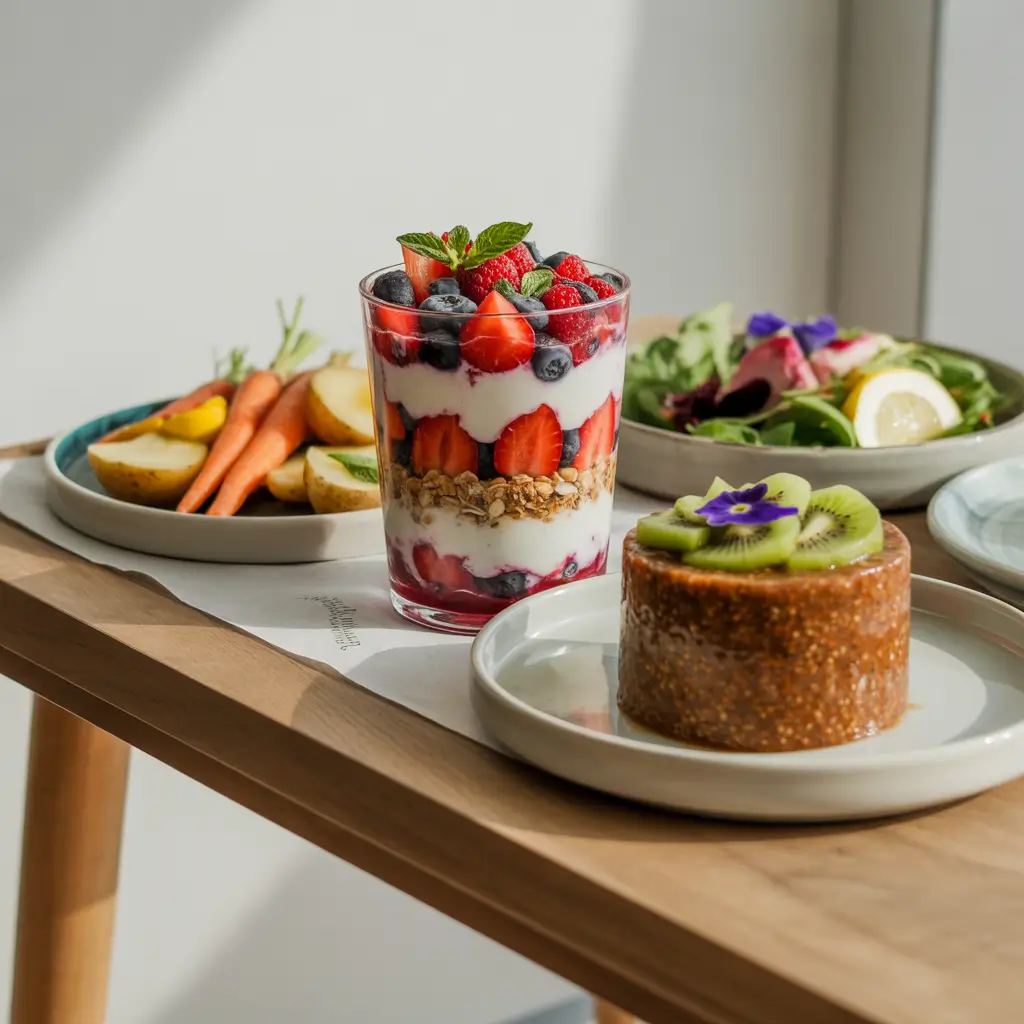 Healthy Desserts and Colorful Side Dishes Top view of chia pudding, roasted vegetables, and home-style side salads