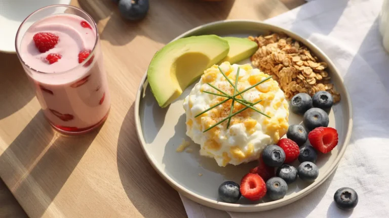 Overhead view of a healthy high-protein breakfast spread with cottage cheese eggs, yogurt drink, and smoothie.