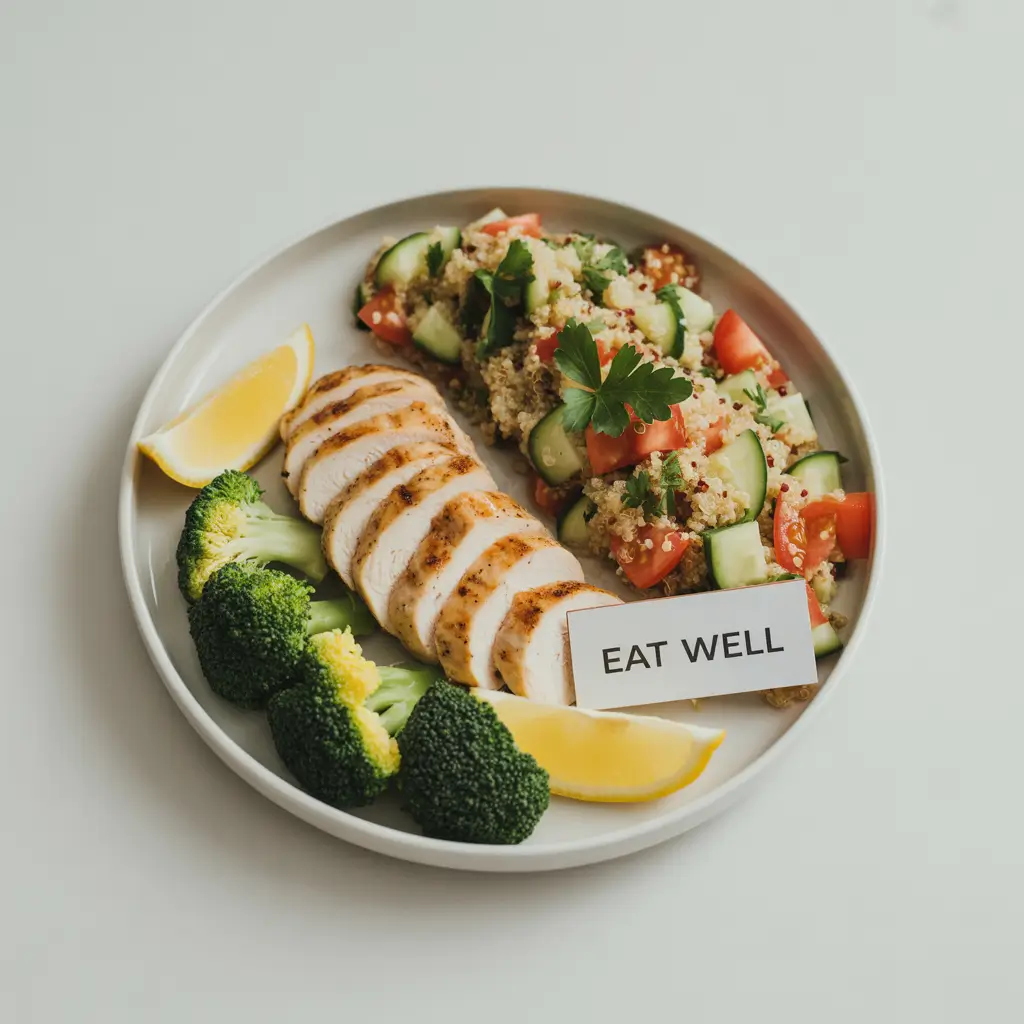 Healthy Lunch Plate with Quinoa & Chicken Grilled chicken breast with quinoa salad and steamed vegetables for a healthy home lunch