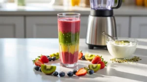 Colorful energy-boosting smoothie surrounded by fresh fruits and healthy ingredients.
