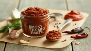 A jar of smoky homemade Tex Mex Paste with chipotle and spices on a rustic table
