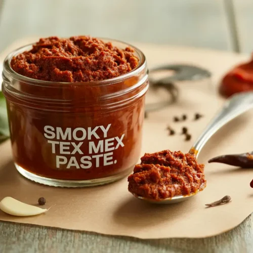 A jar of smoky homemade Tex Mex Paste with chipotle and spices on a rustic table