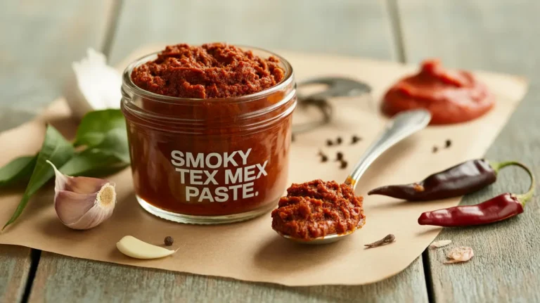 A jar of smoky homemade Tex Mex Paste with chipotle and spices on a rustic table