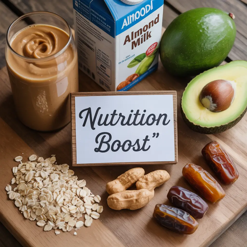 Flat lay of smoothie ingredients including peanut butter, avocado, almond milk, oats, and dates, with text overlays