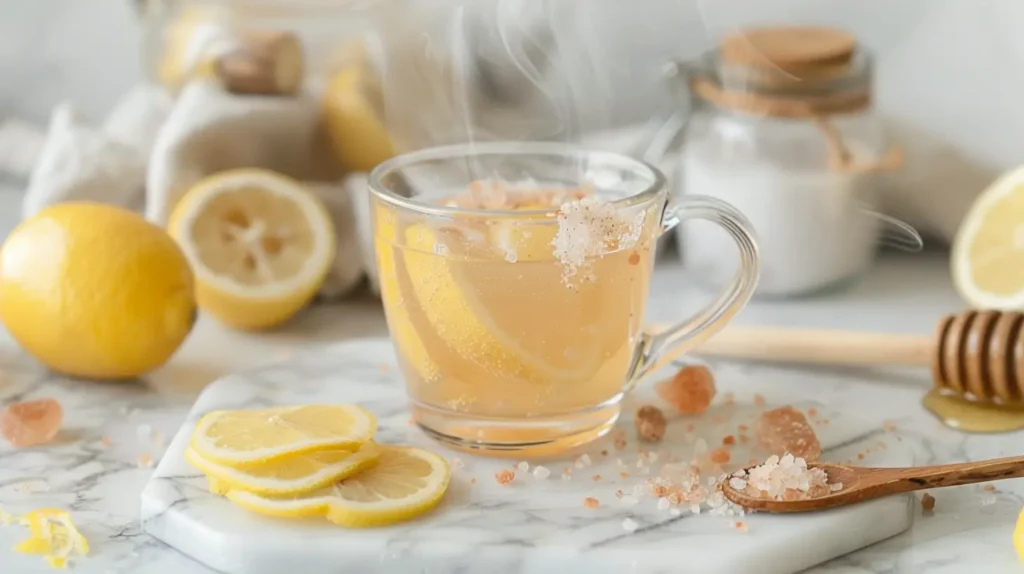 Glass of pink salt detox drink surrounded by natural ingredients like lemon, honey, on a marber tray