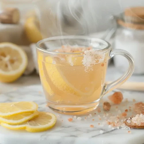 Glass of pink salt detox drink surrounded by natural ingredients like lemon, honey, on a marber tray