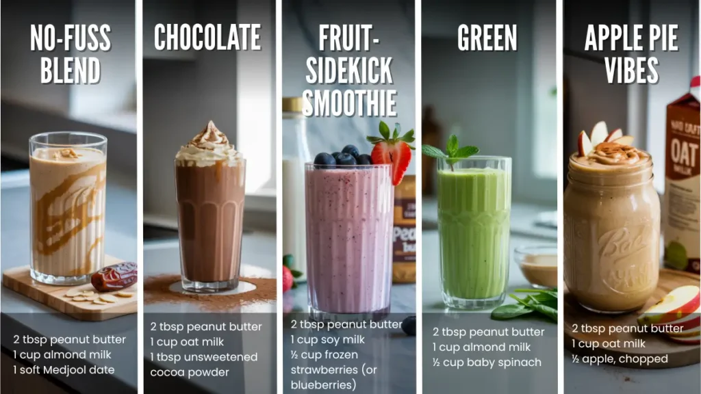 Five glasses of peanut butter smoothies in different flavors: classic, chocolate, berry, green, and apple, each labeled with ingredients and banana-free