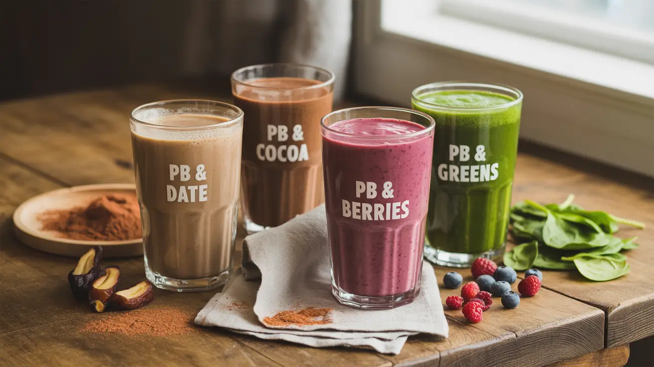 Four glasses of peanut butter smoothies in different flavors: classic, chocolate, berry, green, and apple, each labeled with ingredients and banana-free