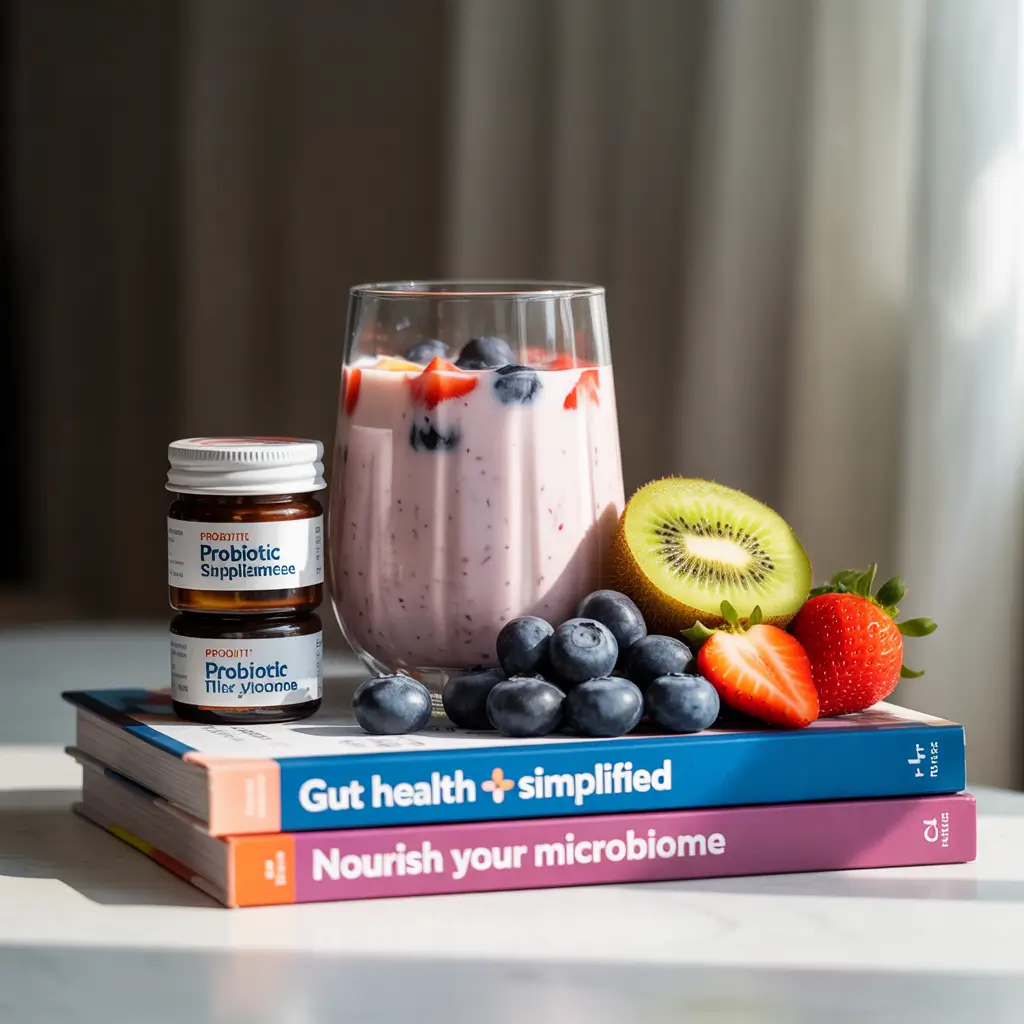Glass of probiotic yogurt drink with berries, kiwi, supplements, and gut health books