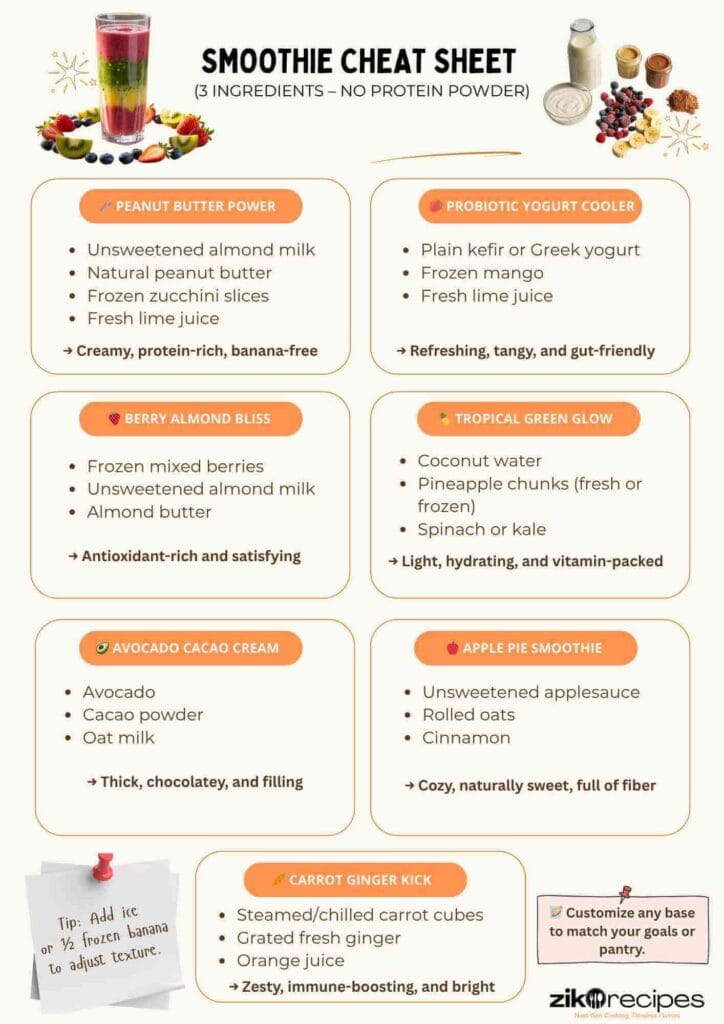 SMOOTHIE CHEAT SHEET (3 INGREDIENTS – NO PROTEIN POWDER)