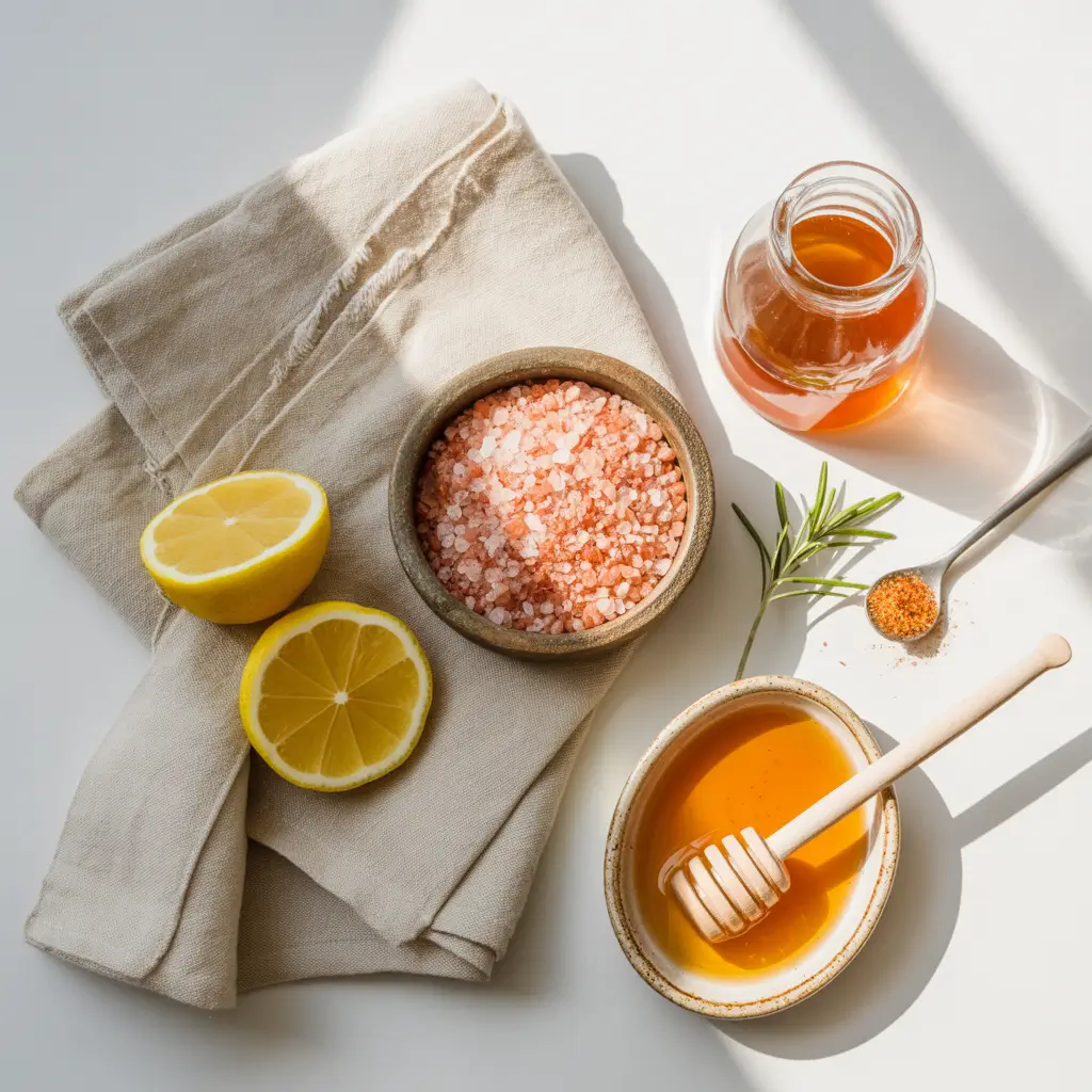 Himalayan pink salt, lemon slices, raw apple cider vinegar, honey, and cayenne pepper arranged on a marble counter