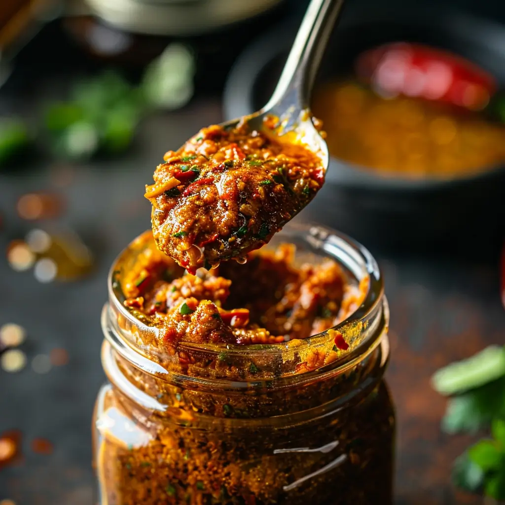 Spoonful of thick smoky Tex Mex paste being lifted from a jar