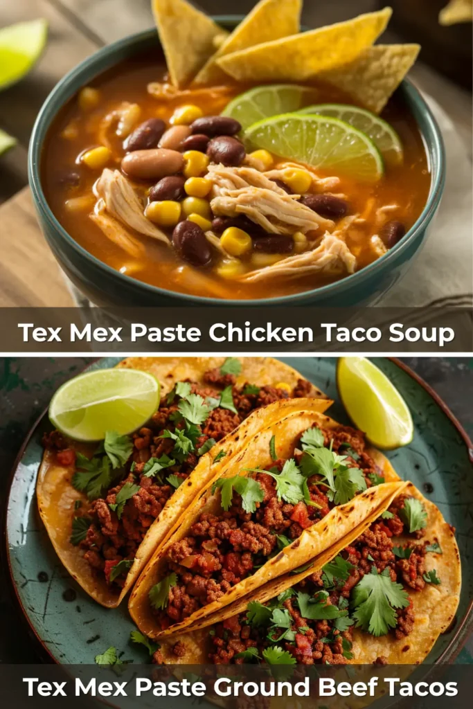 Two dishes made with Tex Mex Paste: a bowl of chicken taco soup with beans and lime, and tacos filled with ground beef and cilantro.