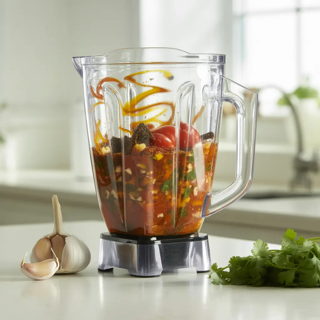 Overhead view of blending Tex Mex Paste ingredients in a blender