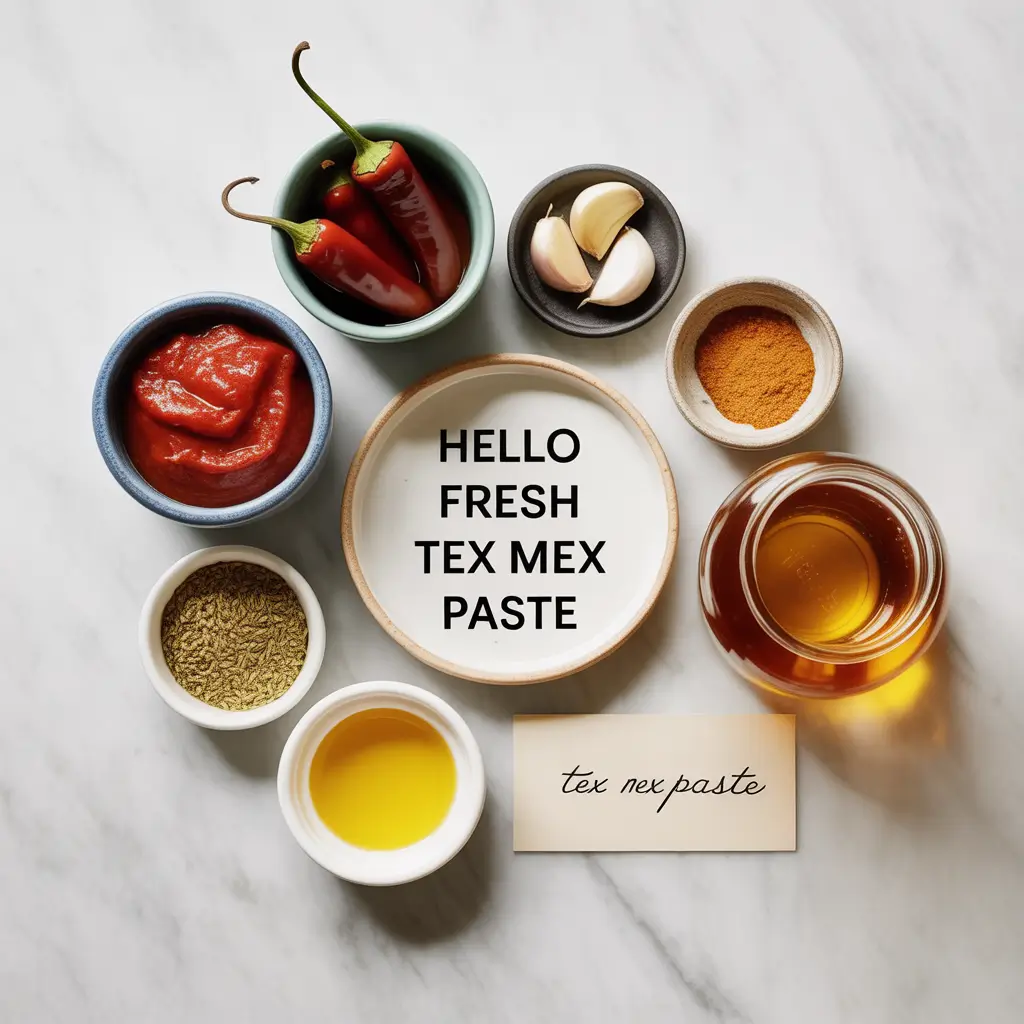 Top-down view of Tex Mex Paste ingredients arranged on a white marber table