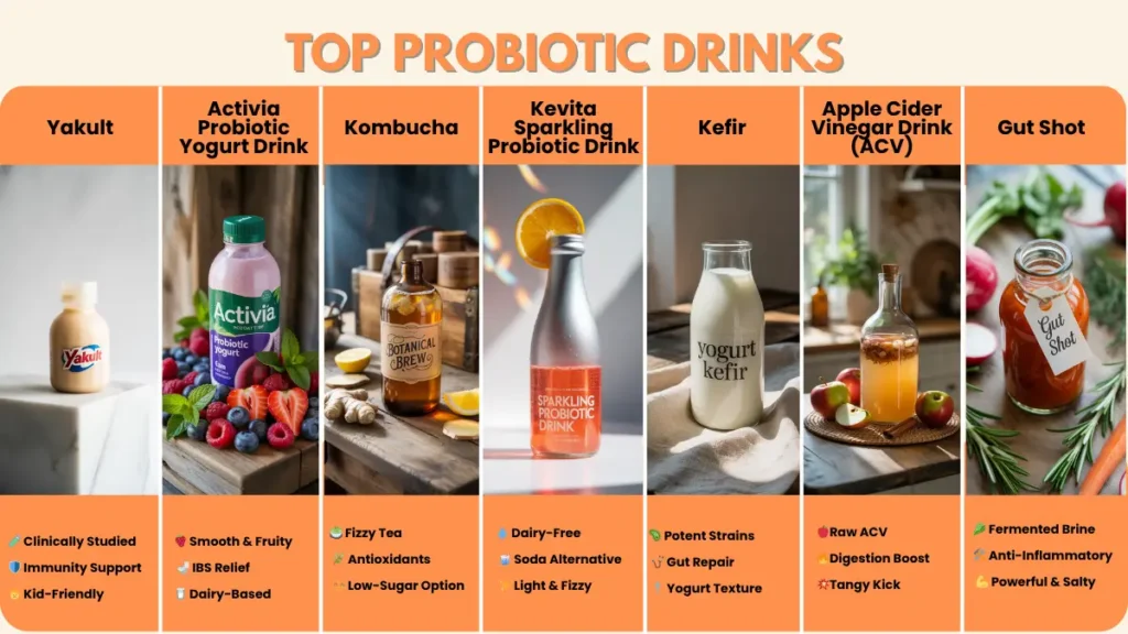 Infographic comparing top 7 probiotic drinks — Yakult, Activia, Kombucha, Kevita, Kefir, Apple Cider Vinegar Drink, and Gut Shot — with benefits like gut repair, digestion support, and anti-inflammatory properties, displayed with icons and labeled bottles