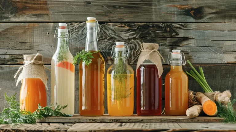 10 probiotic drinks including Yakult, kefir, kombucha, displayed in glass jars for gut health and digestion