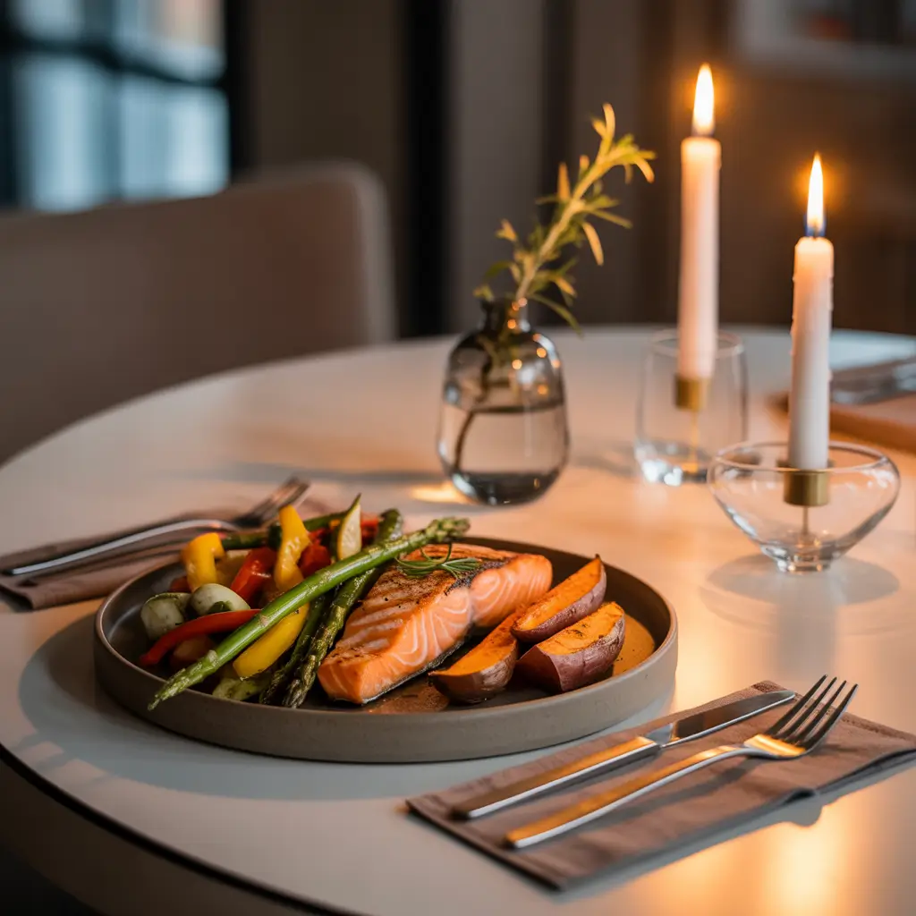 Wholesome Dinner with Salmon and Veggies Dinner table at home with salmon, sweet potatoes, and roasted vegetables