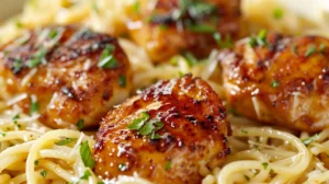 Golden garlic butter chicken bites over creamy Parmesan pasta in a bowl.