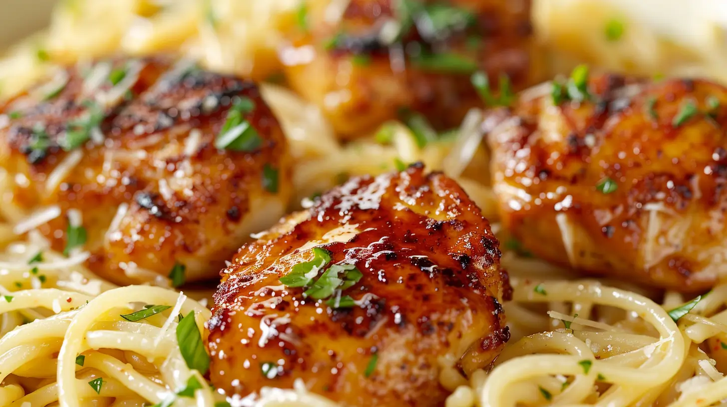Golden garlic butter chicken bites over creamy Parmesan pasta in a bowl.