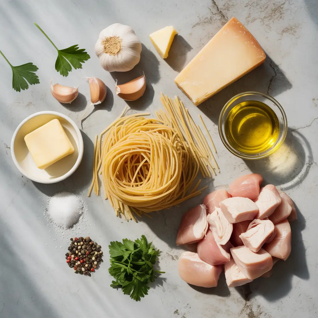 Ingredients laid out for garlic butter chicken bites with creamy parmesan pasta.