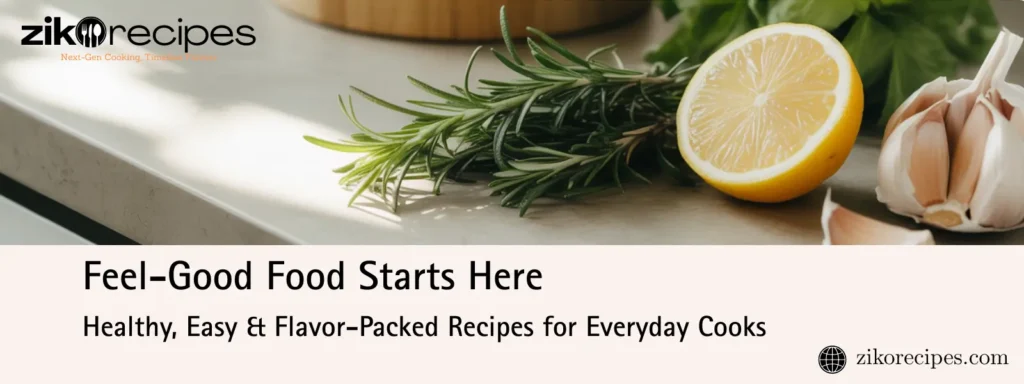 Banner image of fresh lemon, garlic, and rosemary on a kitchen counter – promoting healthy, easy, flavor-packed recipes at ZikoRecipes.com.