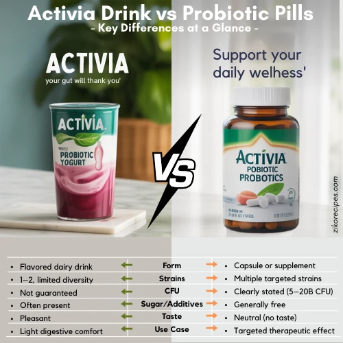 Side-by-side comparison of Activia probiotic yogurt and supplement pills with a table showing their key differences