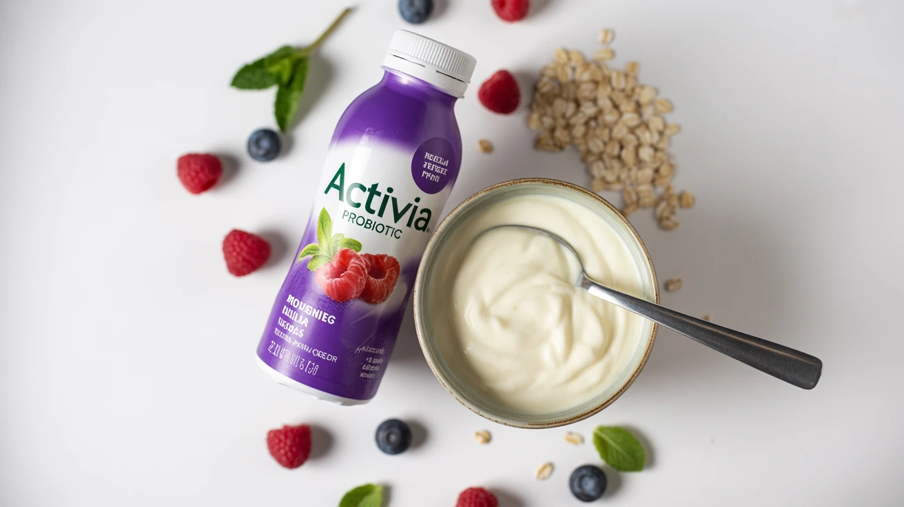 Flat lay of Activia probiotic drink bottle next to a bowl of yogurt, berries, oats, and mint on white background
