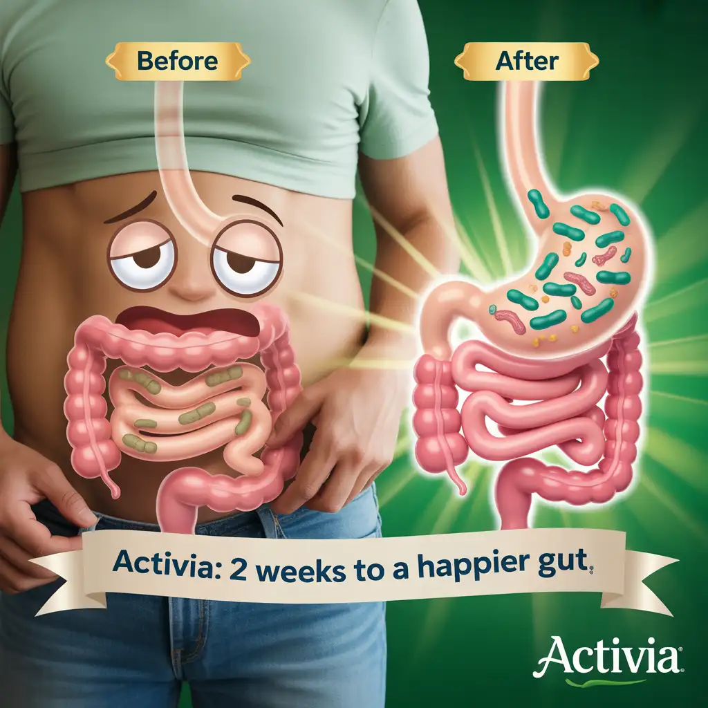 Before and after illustration of digestive system showing gut improvement after 2 weeks of Activia probiotic drink